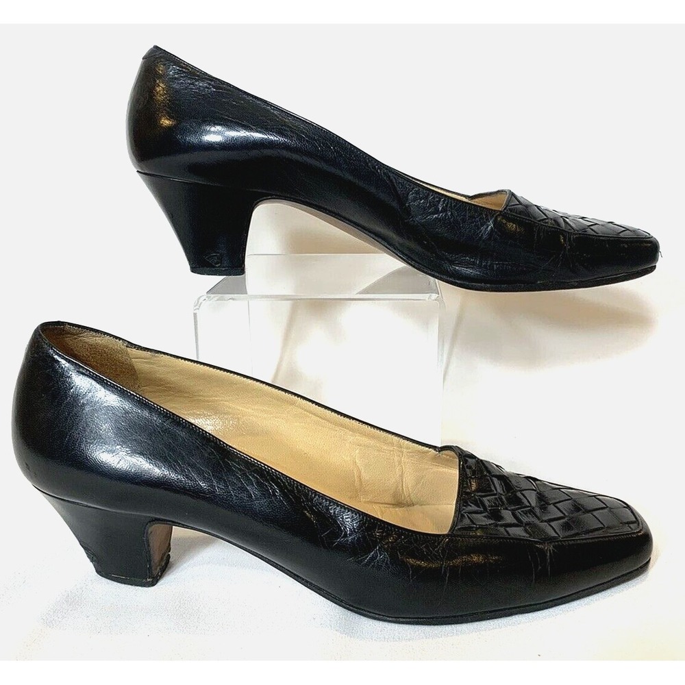 Bottega Veneta Pumps Womens 7 Black Pumps Leather Italian Basket Weave VNTG